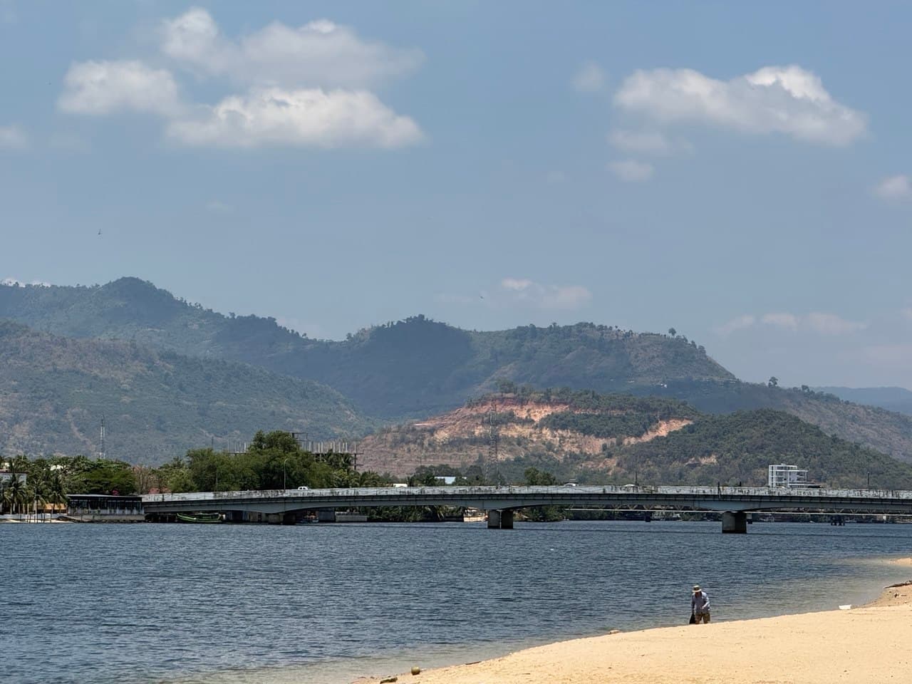Kampot river and bridge with mountains