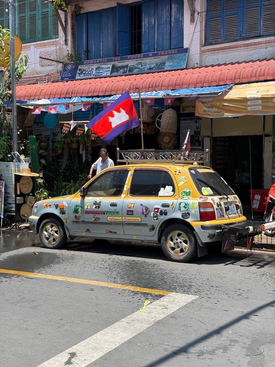 Decorated car with Cambodian flag in Kampot