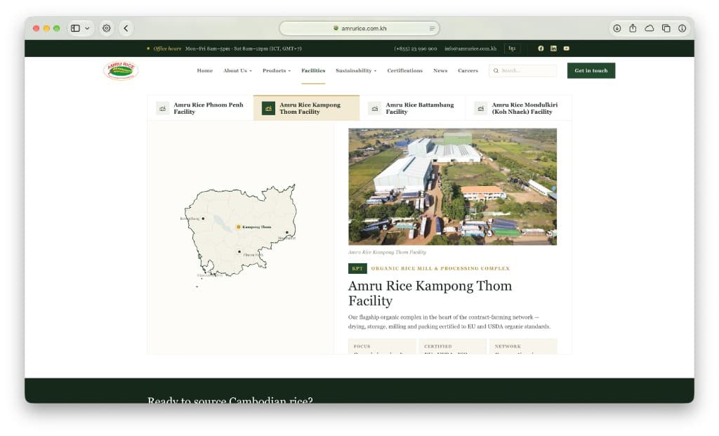 Amru Rice facilities page with Kampong Thom mill map and details
